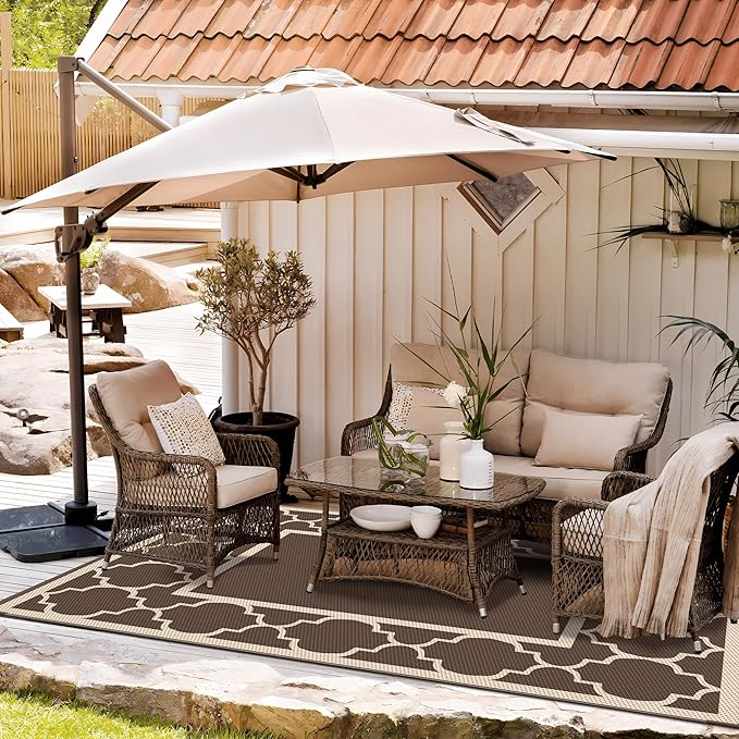GENIMO 5' x 8' Outdoor Rug Waterproof for Patio Decor, Foldable Reversible Plastic Straw Area Rugs Mat for Camper, Outside Carpet for Rv, Deck, Porch, Picnic, Beach, Balcony, Coffee & Beige-Ruum Studio Home