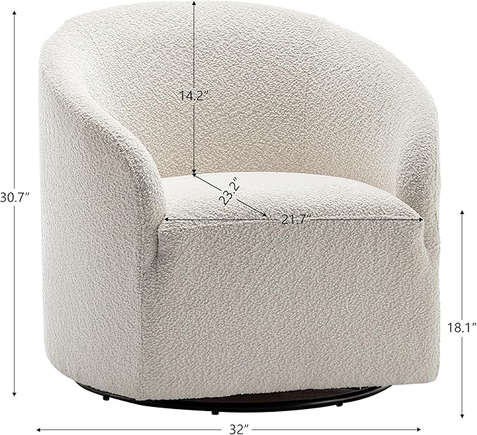 KINWELL 32" Wide Modern Boucle Swivel Barrel Chair, No Assembly Round Upholstered Swivel Accent Armchair for Living Room, Bedroom, Office (White)-Ruum Studio Home