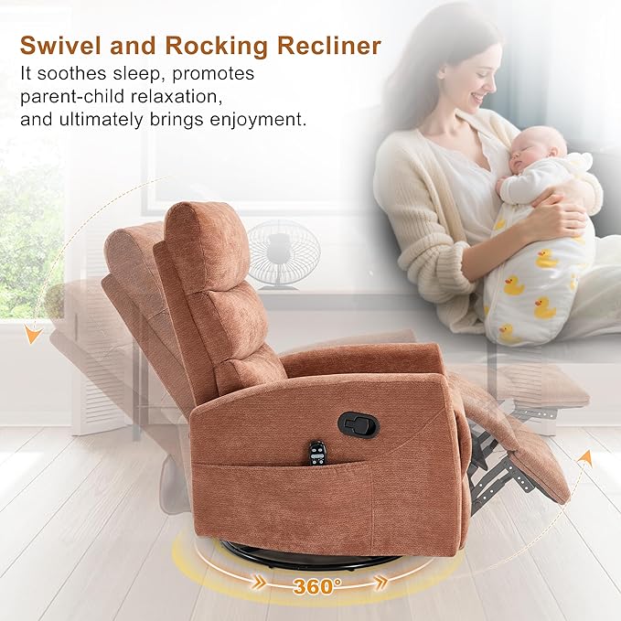 Manual Swivel Rocker Recliner Chair for Adults, Overstuffed Reclining Glider Chair for Nursing with Vibration Massage & Heat, Living Room Rocking Recliner 3-Stage backrest, Chenille Fabric Orange-Ruum Studio Home