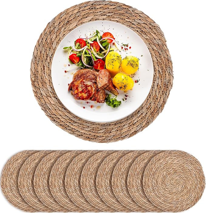 Defined Deco Woven Placemats Set of 10,13.5" Round Rattan Placemats,Farmhouse Weave Rustic Braided Wicker Table Mats for Dining Table Home Wedding-Ruum Studio Home
