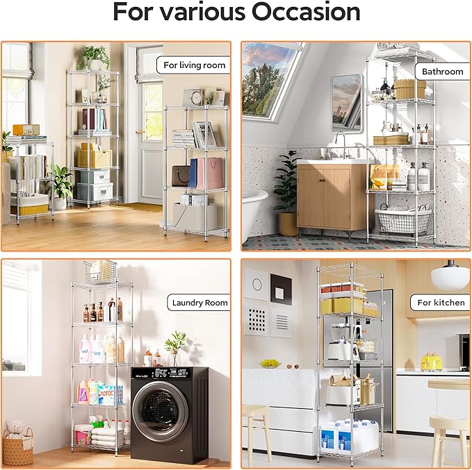 5 Tiers Shelf Metal Storage Shelves Wire Rack Closet Organizers with Wheel for Garage Kitchen Bathroom Laundry Chrome 11.8" D x 17.7" W x 55" H-Ruum Studio Home