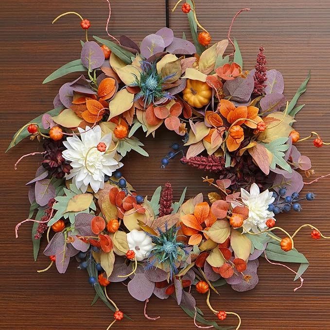 Fall Wreaths for Front Door Outside 24 Inch Autumn Wreath with Pumpkins, Silk Leaves & Purple Flowers Autumn Wreaths for Front Door, Halloween Wreath Decoration, Thanksgiving Decor-Ruum Studio Home