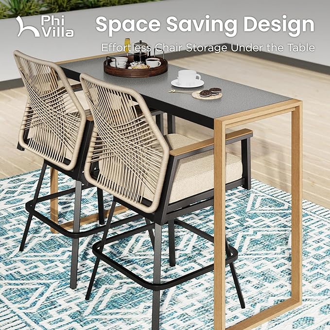 PHI VILLA Outdoor Bar Table for 2-4 Person - 55" W x 40" H Bar Height Patio Bistro Table with Stone Texture Top & Adjustable Non-Scratch Feet for Garden, Backyard, Poolside, Balcony, Patio Dining-Ruum Studio Home