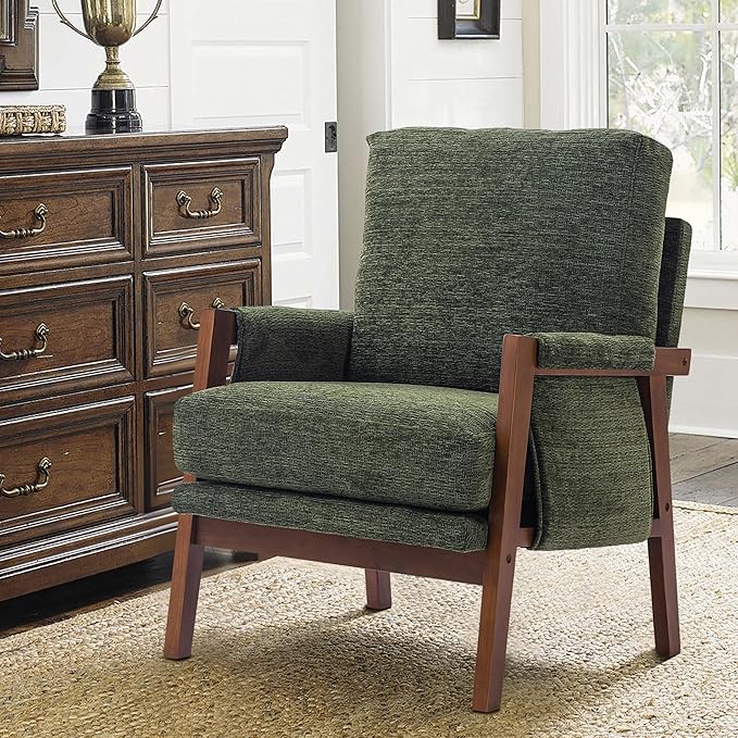 Modern Accent Chair for Living Room Mid Century Arm Chair Upholstered Bedroom Chair Comfy Lounge Chair with Solid Wood Frame, Green-Ruum Studio Home
