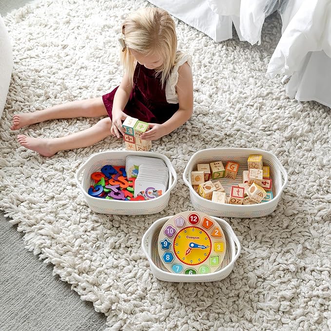 NaturalCozy 5-Piece Rectangle Storage Basket Set- Natural Cotton Rope Woven Baskets for Organizing! Small Basket for Montessori, Baby Nursery, Dog Toy Baskets, Cat Toy Box, Bathroom Organization Bin-Ruum Studio Home