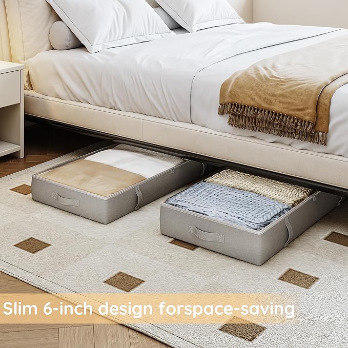 Vailando Under Bed Storage Containers, Underbed Storage Bins, 6 Inches Tall Clothes Storage Box with Sturdy Handles and Sidewalls, Foldable, Gray, 2-Pack-Ruum Studio Home