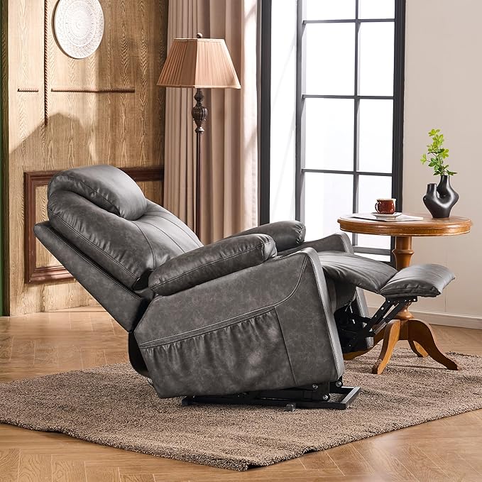 SALOHZA Power Lift Recliner Chair for Elderly with Massage and Heat for Living Room, Electric Recliner Chair for Adults with USB/Type C Port/Cup Holders, PU Faux Leather, Grey-Ruum Studio Home