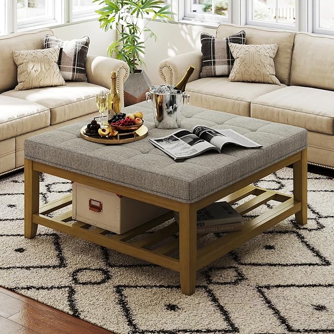 Large Square Ottoman Coffee Table, Linen Solid Upholstered Footrest Ottoman with Solid Wood Shelf Storage Tufted Coffee Table for Bedroom Living Room, Linen-Ruum Studio Home