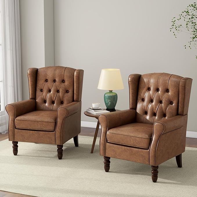 Accent Chair, Upholstered Armchair with Button Tufted High Back & Solid Wood Legs, Comfy Wingback Reading Single Sofa Chair for Small Spaces, Living Room, Bedroom (Leather Brown, Set of 1)-Ruum Studio Home