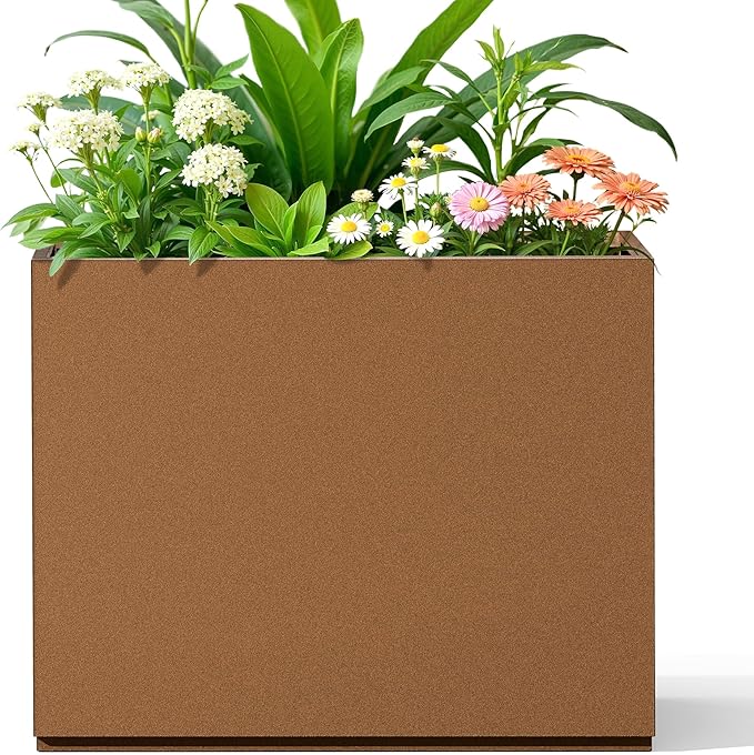 FENCY Metal Planter Box, Large Rectangular Planters for Outdoor Plants, Outdoor Tall Planters with Drainage Holes, Brown Metal Planters (30" L x 12" W x 24" H)-Ruum Studio Home