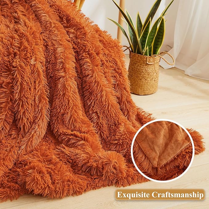 XeGe Luxury Faux Fur Blanket, Burnt Orange Soft Fluffy Bed Throw, Shaggy Plush Big Decorative Couch Throw, Cute Furry Fuzzy Blanket for Sofa Bed, Burnt Orange, 60x90-Ruum Studio Home