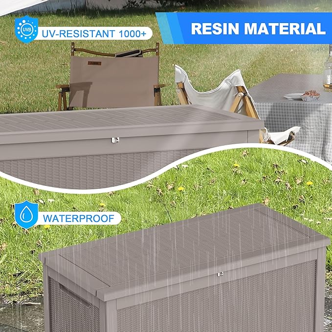 260 Gallon Deck Box XXL Large Outdoor Storage for Patio Furniture,Outdoor Cushions,Garden Tools and Pool Supplies,Waterproof,Resin,Lockable(Grey Rattan)-Ruum Studio Home