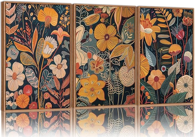 SIGNINART Orange Floral Framed Canvas Wall Art Set of 3, Mid Century Modern Flower Wall Decor, Neutral Plant Artwork, Boho Botanical Art Prints for Bedroom Living Room Office 16"x24"x3-Ruum Studio Home