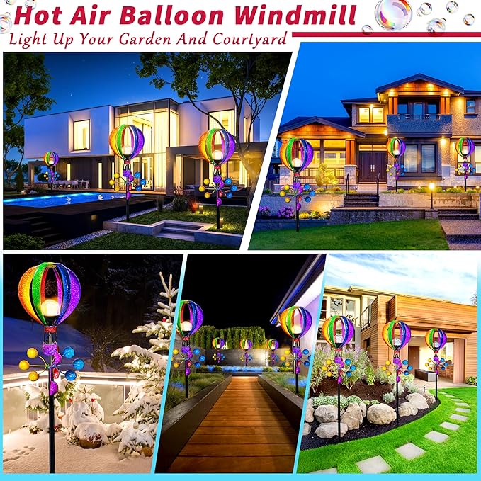 Solar Wind Spinner Outdoor - Hot Air Balloon Wind Spinners, Metal Garden Decor with LED Lights, 360° Rotating Waterproof Yard Decorations, Solar Powered for Day & Night, Lawn & Patio Windmill-Ruum Studio Home