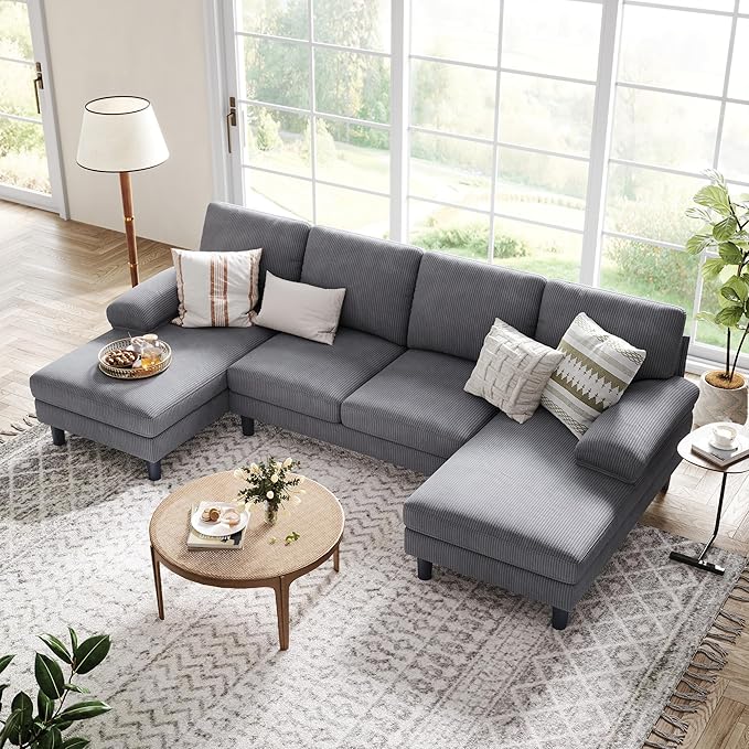 LINSY HOME Sectional Couch, 111'' W Corduroy U Shaped Sofa with Sleepable Armrests, 4 Seat Couch with Double Chaises, Deep Sofa for Living Room, Grey-Ruum Studio Home