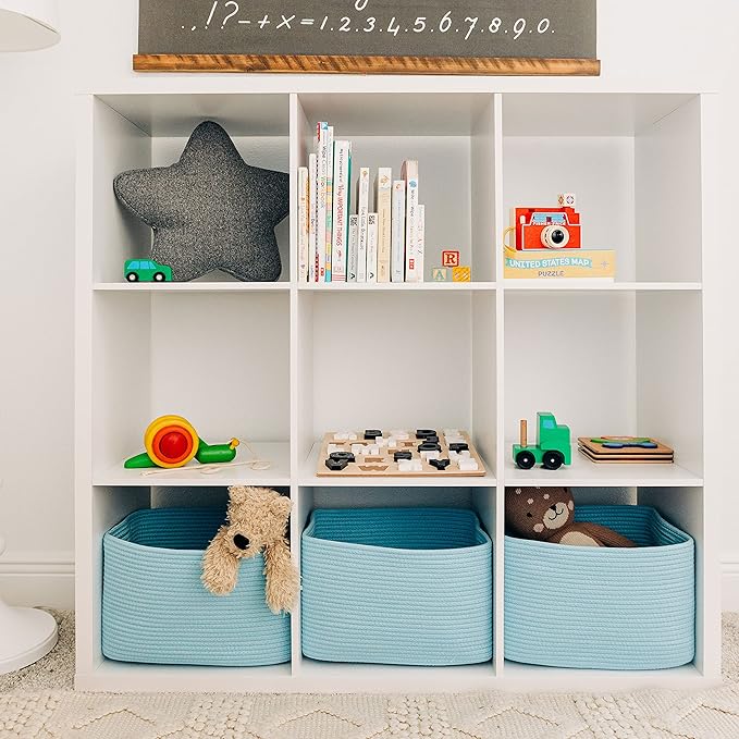 OrganiHaus Woven Storage Baskets for Organizing, Cotton Rope Organizer Bins for Shelves, Closet & Nursery, Dog Toy Basket, Decorative Bins for Toys, Towels & Books - 15x10x9, Blue-Ruum Studio Home