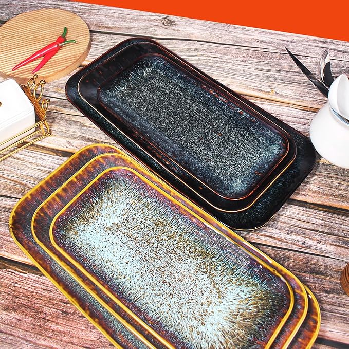 Porcelain Dinner Plates Platters Set of 2, for Fruit, dessert, snack platter, Bread, cupcake, Salad - Microwave, Dishwasher Safe, Scratch Resistant durable, Black Reactive glaze-Ruum Studio Home