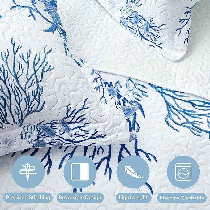 Coastal Bedding Queen Size Coastal Quilt with 2 Shams, Nautical Beach Comforter Sets Ocean Bedspreads Blue Starfish Coverlet Summer Bedding, 90''x96''-Ruum Studio Home
