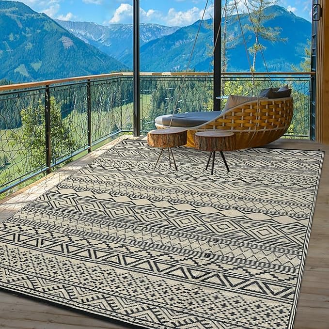 GAOMON Outdoor Rug for Patio Clearance 5x8 Reversible Plastic Straw Patio Rug for Camping Stain & UV Resistant RV Mats for Porch, Deck, Backyard, Camper, Balcony, Picnic, Black&Brown-Ruum Studio Home