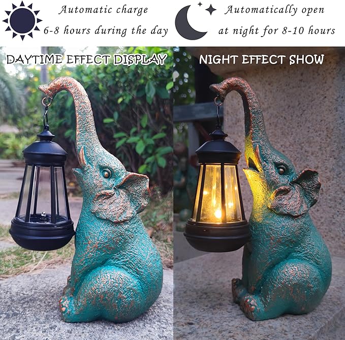 JOYBEE Garden Statues Elephant with Solar Lantern Outdoor Decor-Elephant Solar Figurines Lights Decorations for Patio Yard Lawn Ornaments-Gifts for Birthday Easter Housewarming-Ruum Studio Home