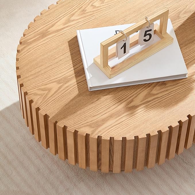 43.7" Oval Coffee Table for Living Room,Modern Handcraft Drum Coffee TableSmall Wooden Coffee Table with Sturdy Pedestal Easy Assembly for Office-Natural-Ruum Studio Home