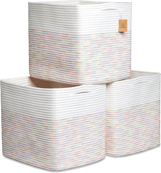 NaturalCozy 13x15x13 Kallax Storage Cubes Bins, 3 Pack | Cotton Rope Cube Storage Bin Woven Baskets for Organizing | Kallax Insert Storage Baskets for Shelves Organizer, Kids Toy, Closet Baby Nursery-Ruum Studio Home