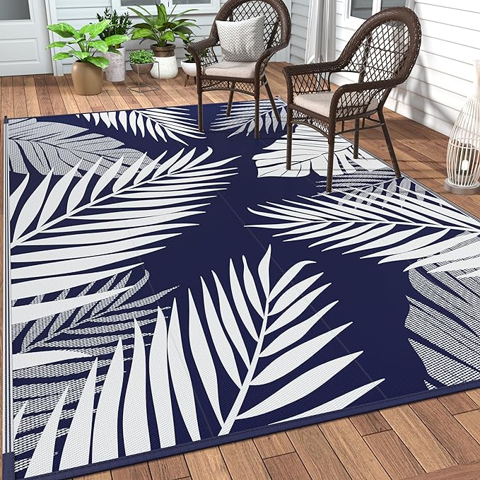 GENIMO Outdoor Rug 9' x 12' Waterproof for Patios Clearance, Reversible Outdoor Plastic Straw Camping Rug Carpet, Large Area Rugs Mats for RV, Camper, Deck, Balcony, Porch, Beach, Navy Blue&White-Ruum Studio Home