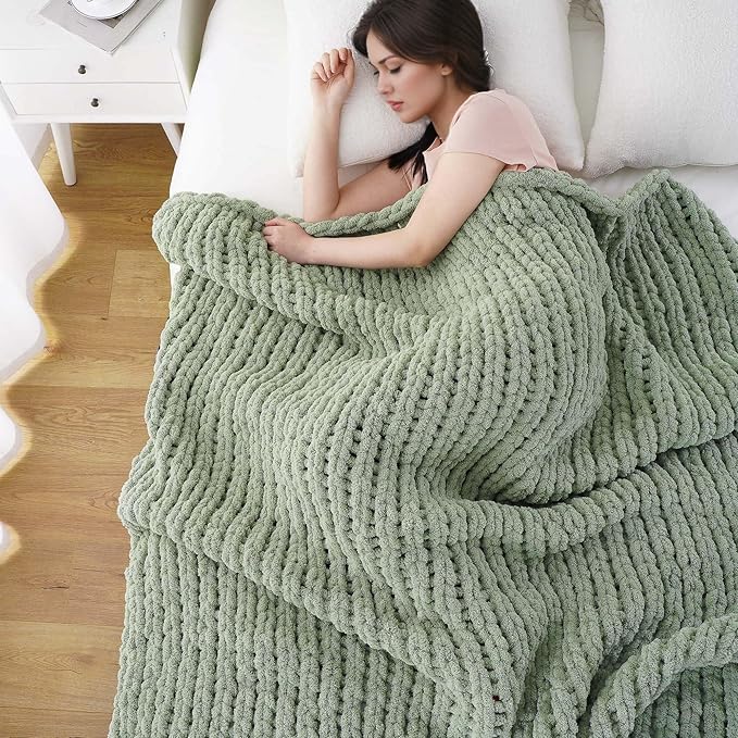 Battilo Chunky Knit Throw Blanket, Soft and Thick Chenille Throw Blanket, 50"x60" Handmade Cable Knit Crochet Blanket, Large Rope Knot Throw Blankets for Couch Sofa Bed Home Decor, Light Green-Ruum Studio Home