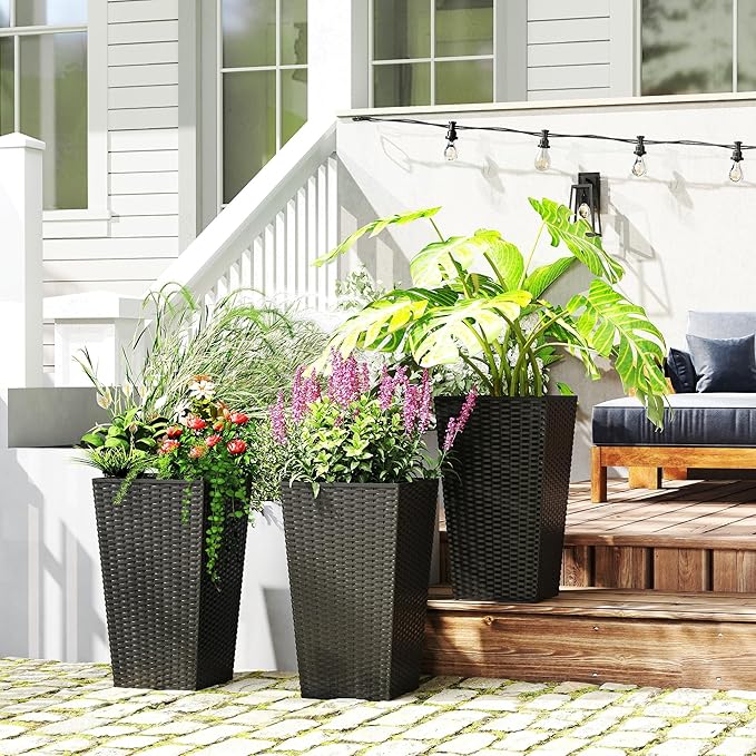 Outsunny Tall Planters for Outdoor Plants Set of 3, 24 in Taper Planters with Drainage Holes, Rattan Decor Plant Pots for Indoor Outdoor Front Porch Patio Backyard, Black-Ruum Studio Home