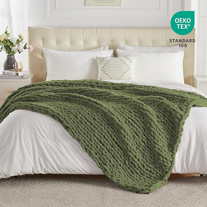 Carriediosa Chunky Knit Throw Blanket 60" X 80" Twin, 100% Hand Made Large Chenille Loop Yarn Soft Fluffy Throws for Couch Sofa Bed, Big Crochet Cozy Heavy Thick Cable Woven Blankets, Olive Green-Ruum Studio Home