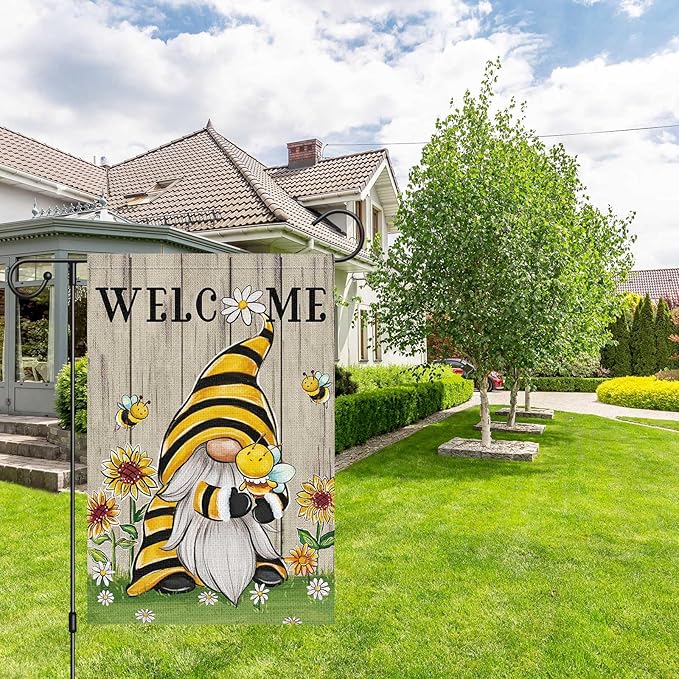 Welcome Summer Gnome Garden Flag Spring Summer Bee Sunflower Yard Flag 12x18 Double Sided Burlap Daisy House Flag for Rustic Seasonal Outside Outdoor House Decoration (ONLY FLAG)-Ruum Studio Home