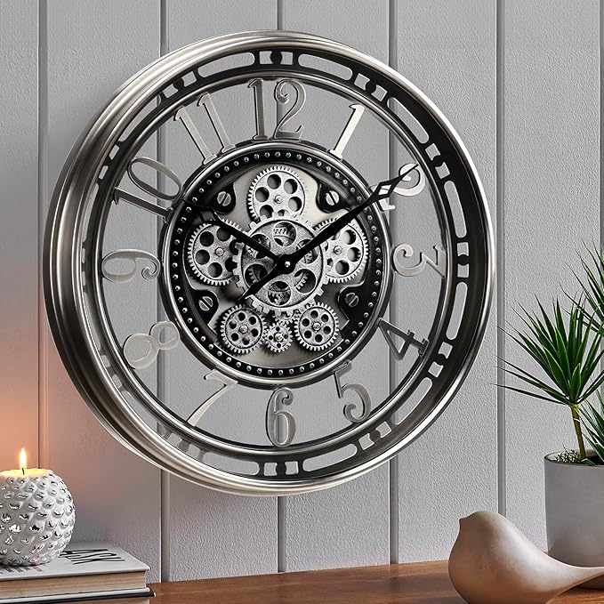 CLXEAST 21 Inch Large Moving Gear Wall Clock,Industrial Steampunk Decor,Decorative Wall Clock for Modern Farmhouse Living Room Decor,Gunmetal Silver Finish-Ruum Studio Home