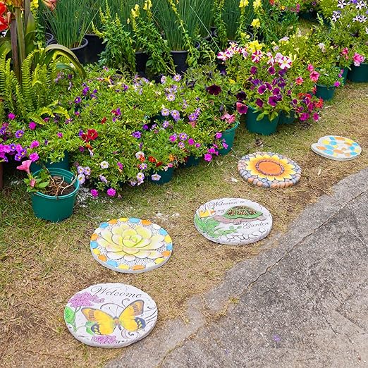 Succulent Pattern Cement Stepping Stones - Outdoor Pavers for Walkway, Multicolored Decorative Stone for Garden, 0.75 x 10 x 10 Inch-Ruum Studio Home