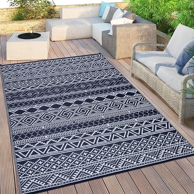 GAOMON Outdoor Rug 9'x12' Waterproof Rug for Patio Decor, Foldable Reversible Plastic Straw Area Rugs Mat for Camper, Outside Carpet for Deck, Porch, Picnic, Beach, Dark Blue/White(Bohemia)-Ruum Studio Home