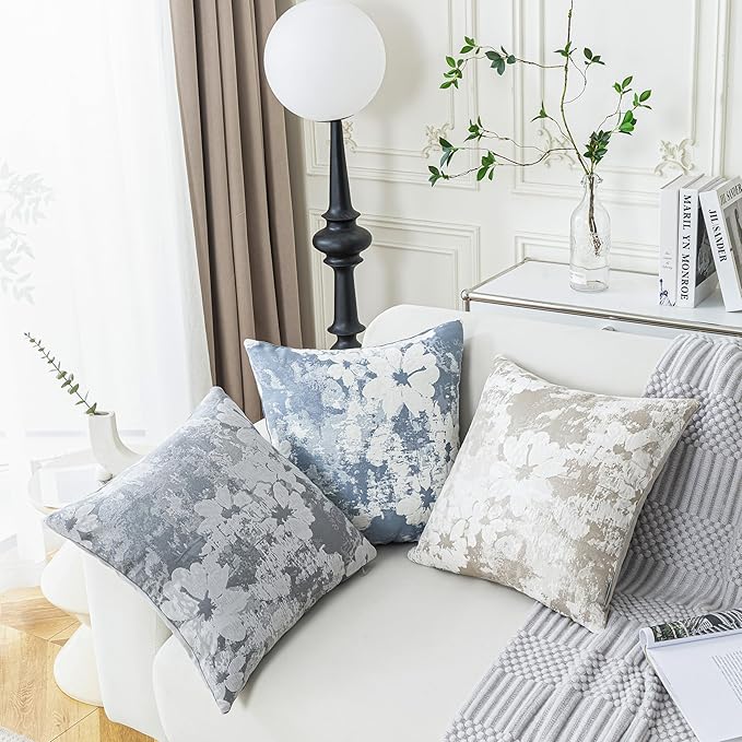Jacquard Throw Pillow Covers 18x18 Inch Set of 2 - Vintage Floral Boho Pillow Cases with Botanical Pattern | Farmhouse Decor for Couch Living Room | Soft Textured Neutral Trio Slate Gray 18" x 18"-Ruum Studio Home