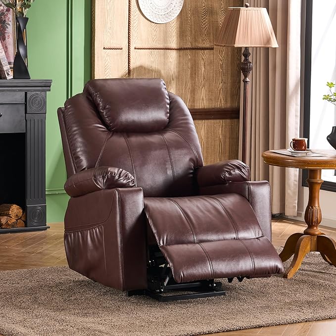 SALOHZA Power Lift Recliner Chair for Elderly with Massage and Heat for Living Room, Electric Recliner Chair for Adults with USB/Type C Port/Cup Holders, PU Faux Leather, Chocolate Brown-Ruum Studio Home