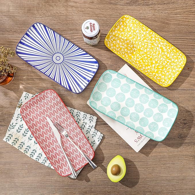 Selamica Ceramic Rectangular Serving Platters Set of 4, 12 Inch Serving Trays/Dishes for Party Entertaining, Rectangular Dinner Plates for Appetizer Salad Dessert Sushi, Assorted Colors-Ruum Studio Home