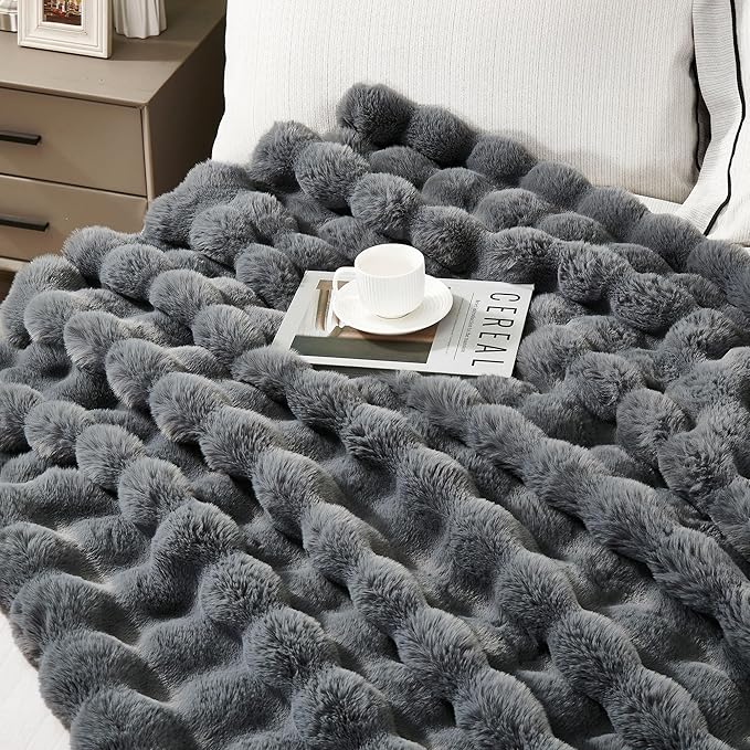 DREAMNINE Large Soft Thick Fuzzy Bubble Faux Rabbit Fur Bed Blanket Queen Size 80" x 90",Reversible Gray Plush Big Warm Shaggy Fluffy Blankets for Sofa, Solid Luxury Cozy Cute Bumpy Furry Blanket,Grey-Ruum Studio Home