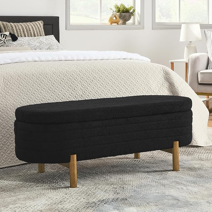 Furniliving 46” Storage Benches, End of Bed Bench with Button-Tufted Large Upholstered Storage Ottoman Teddy Window Bench with Storage Shoe Cabinet Bench, for Bedroom, Entryway, Closet, Black-Ruum Studio Home