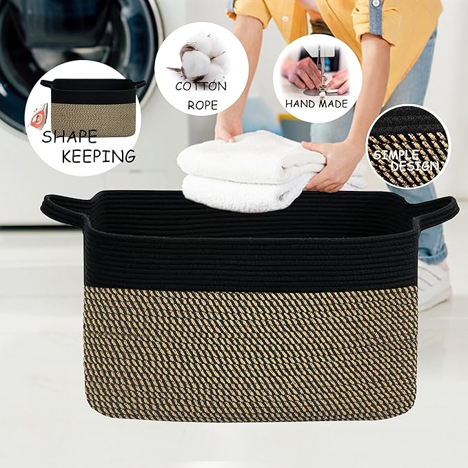 COMFY-HOMI Large Rectangular Blanket, Cotton Rope Woven for Storage, LaundryHamper, Storage,Toy Organizing Bin with Handle, Organizer and Storage-22x15x12-Black/Jute-Ruum Studio Home