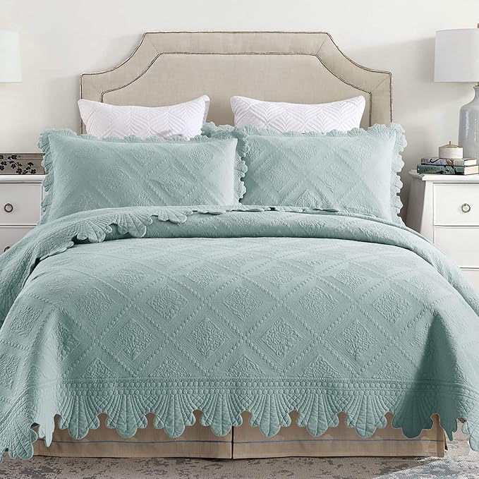 MarCielo 3-Piece 100% Cotton Oversized Bedspread Lightweight Quilt Coverlet Embroidery Farmhouse Bedding Set (Tk Aqua Green, Oversized Queen (100"x106"))-Ruum Studio Home