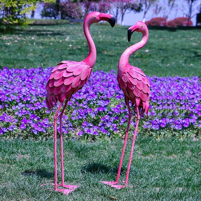 YOUKI Metal Yard Art Flamingo Decor Pink Flamingos for Yard Garden Statues Red Flamingo Yard Art Outdoor Sculptures for Outside Home Patio Lawn Ornaments Backyard Decor, Set of 2-Ruum Studio Home