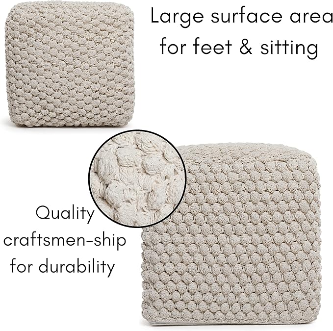 BIRDROCK HOME Bud Pouf Foot Stool Ottoman - Knit Bean Bag Floor Chair - Cotton Braided Cord - Great for The Living Room, Bedroom and Kids Room - Small Furniture-Ruum Studio Home