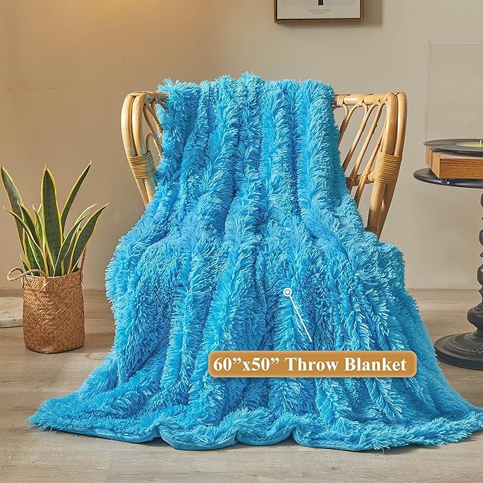 XeGe Luxury Faux Fur Throw, Blue Soft 50x60 Fluffy Blanket, Shaggy Plush Decorative Couch Cute Furry Bed Throw Fuzzy Office Lap Blanket for Bedroom Living Room Sofa Chair, Blue-Ruum Studio Home