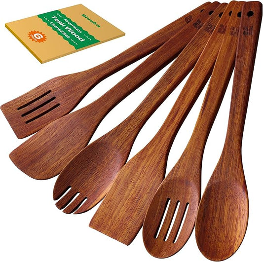 Riveira Teak Wooden Spoons for Cooking Set of 6 – Natural Teak Wooden Cooking Utensils, Wooden Spatula, Wooden Spoon - Premium Quality Wooden Utensil Set for Non-Toxic Cooking-Ruum Studio Home