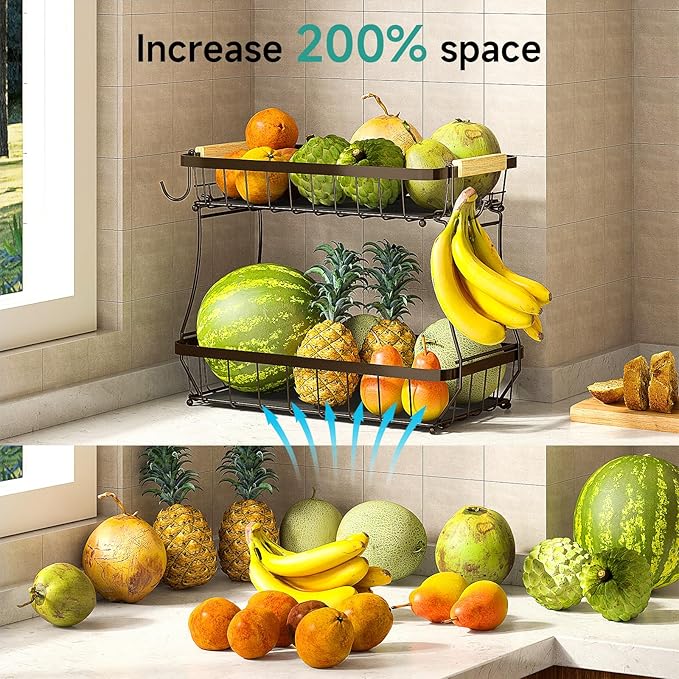 2 Tier Fruit Basket for Kitchen Counter with 2 Banana Hangers, 2025 Pro Detachable Metal Fruit Bowl with Wooden Handle,Fruit Holder for Bread Snack Veggies, Brown-Ruum Studio Home