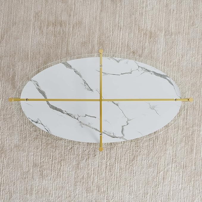 Oval Glass Coffee Table, Mid-Century Modern Design, L43 x W22 x H17 inch, Surfboard Shaped Clear Glass Top and White Marble Finish Wood Shelf, Tapered Legs with Gold Finish Frame-Ruum Studio Home