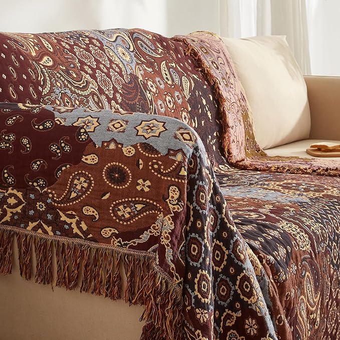 Boho Throw Blanket for Couch Sofa Bed, 100% Cotton Woven Quilt with Tassel 60”x80”, Super Soft Muslin Blanket with Patchwork Printed, Decorative Reversible Bed Blanket/Cover for All Seasons-Ruum Studio Home