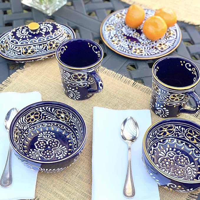 Encantada Handmade Hand-Painted Authentic Mexican Pottery Mugs (2-Pack, Blue Helecho)-Ruum Studio Home