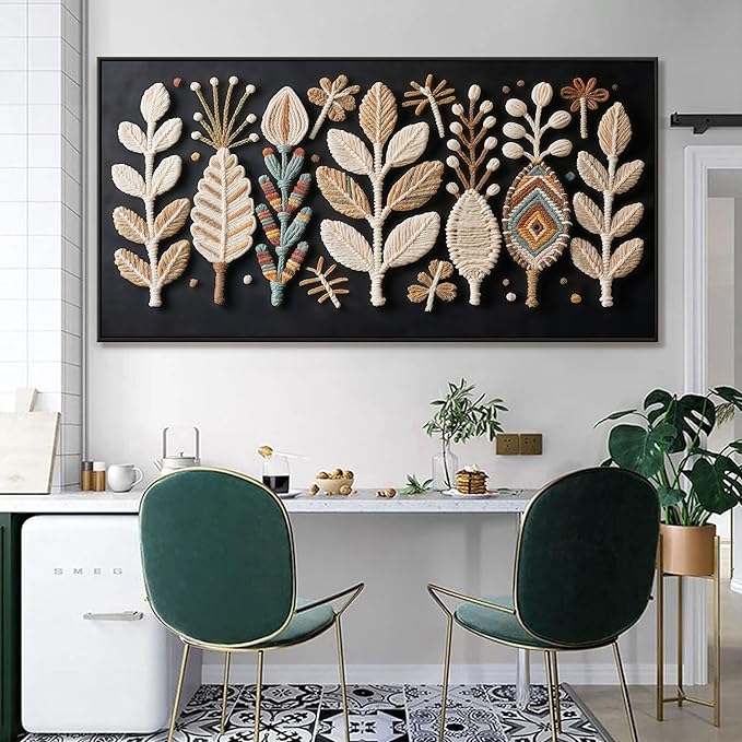 Large Boho Black Wall Art For Living Room Chic Home Wall Art Modern Multicolor Leaves Feather Canvas Wall Art Decor Picture For Bedroom Apartment Kitchen Home Wall Decor 29" X 58" With Framed-Ruum Studio Home